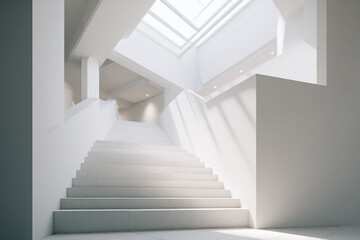 Architectural photo of clean white concrete staircase with soft shadows cast through large skylight