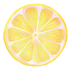 Watercolor style illustration with a cut round piece of lemon. Citrus fruits are perfect for food packaging, summer design, kitchen decor, recipe book, organic branding
