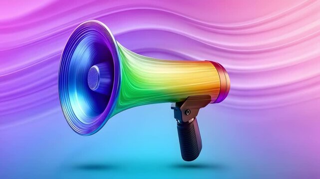 A colorful megaphone on a gradient background with wavy patterns.
