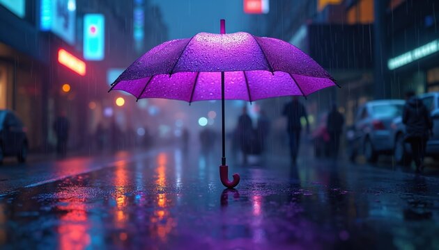 Purple neon umbrella stands alone in the rain, city street. Illuminated by neon lights, raindrops glisten on surface. Night urban scene, wet road reflects lights. Atmospheric, moody, modern photo.