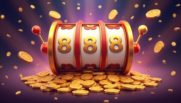 Casino slot machine with triple 888 jackpot win. Golden coins, chips pouring, celebration of luck and fortune in a gambling game. Exciting winning moment with bright lights, casino theme.