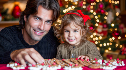 Smiling man and young girl decorating festive cookies together at a holiday table, surrounded by a beautifully lit Christmas tree and cheerful decorations, sharing joyful moments