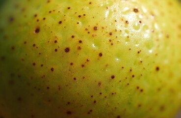Close-up texture of pear skin. Green yellow gradient colors. Brown spots. Food, healthy eating, vegetarian diet concept. Macro shot with natural sunlight. Product background.