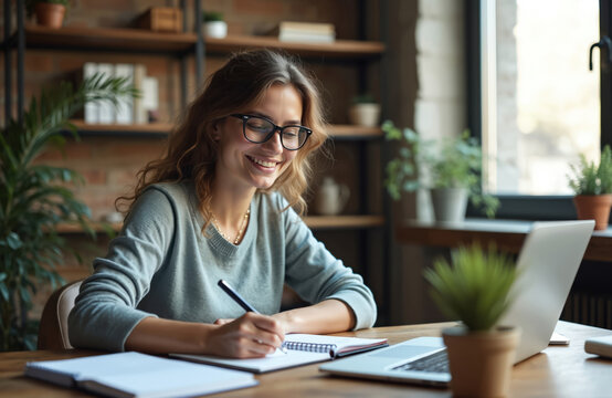 Young woman works laptop at home office taking notes in notepad. Millennial female smiles, studies, learns. Modern workplace with plants, wood desk. Work from home, freelance, student. Brick wall.