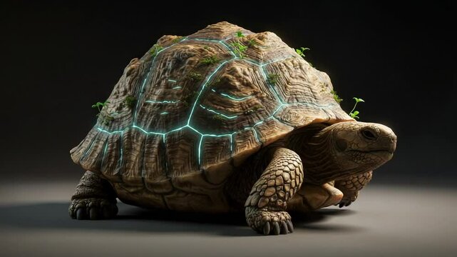 Turtle with glowing shell and plants on its back