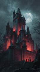 A spooky Halloween night silhouette of a haunted castle in the dark woods under a creepy moonlit sky with bats and trees