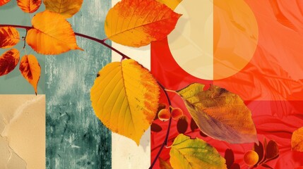 Retro Autumn Surreal Collage with Grunge Texture and Vibrant Foliage evokes warmth and nostalgia for seasonal art and prints.