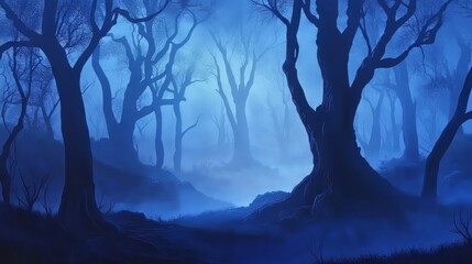 Vector misty forest landscape with blue silhouettes of trees