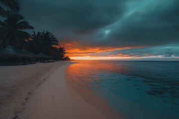 A Beautiful Sunset Illuminates the Sandy Beach and Turquoise Waters