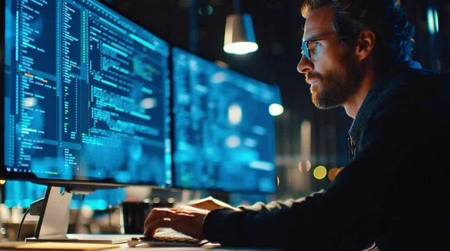 Software developer working late at night in modern office. Orbit shot. 4K.  
