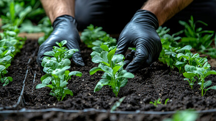 Gloved hands carefully nurture young seedlings into fertile soil, fostering new life and growth.