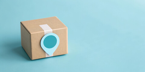 Gift box on a blue background with a location marker tag.