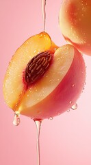 Two peach slices dripping with honey on a pink background