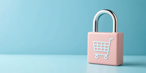 Lock with shopping cart symbol on blue background.
