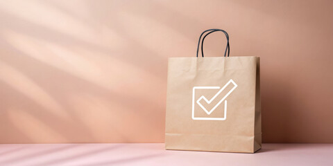 Shopping bag with a checkmark symbol against a neutral background.