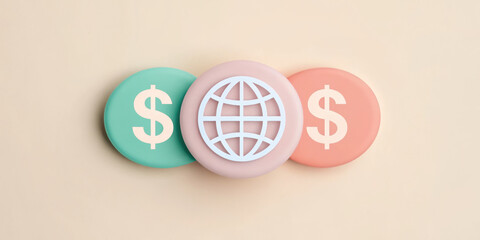 Financial icons representing global currency and commerce.