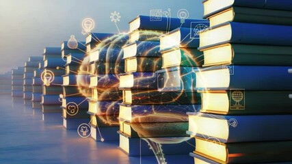 Opening digital brain hologram rotating above book stacks, icons pulsing to show knowledge flow - Powered by Adobe