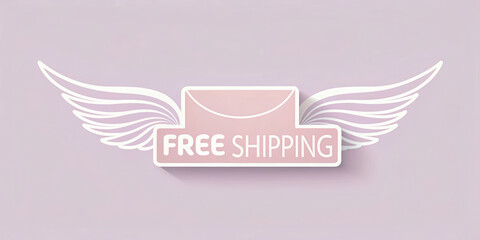Free shipping label with wings on a pastel background.