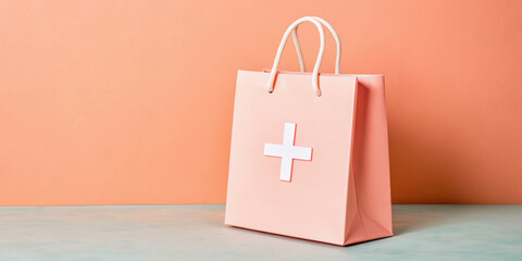 Pink shopping bag with a white cross design on a colorful background.
