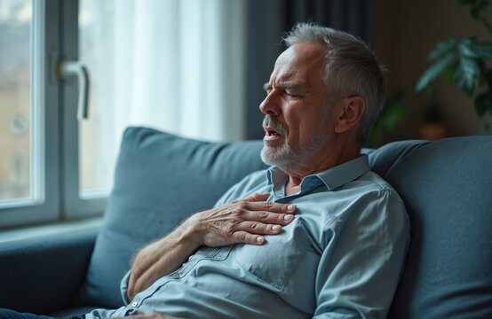 Senior man suffers asthma attack. Difficulties breathing, chest pain. Elderly male experiencing health problem at home. Respiratory illness, shortness breath, acute condition. Medical healthcare
