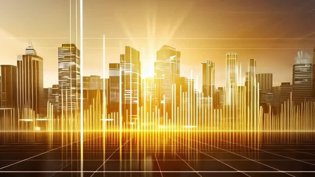 A futuristic city skyline at sunset, with glowing light effects and tall buildings set against a dramatic sky.