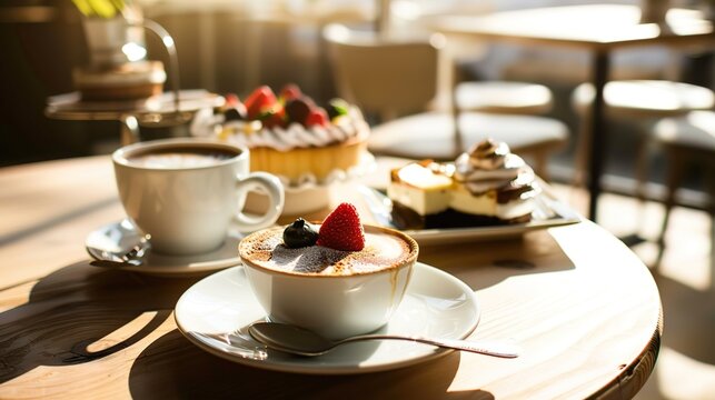 Under the gentle caress of sunlight, coffee and desserts come alive in a mesmerizing display. The warm rays dance upon latte art, glisten on glossy pastries, and infuse every sip and bite with a touch