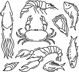Black and white line drawing of various sea creatures