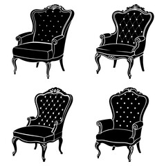 Collection of four ornate armchairs with detailed carvings in black and white style design art