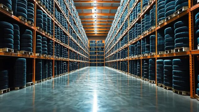 Tire warehouse interior with many stacked tires on shelves, bright lighting, and perspective view