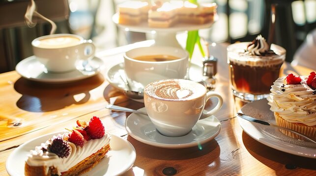 Under the gentle caress of sunlight, coffee and desserts come alive in a mesmerizing display. The warm rays dance upon latte art, glisten on glossy pastries, and infuse every sip and bite with a touch