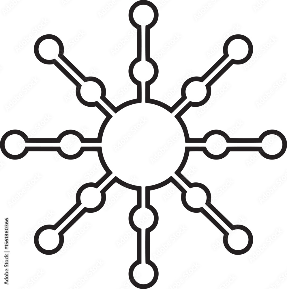 Fototapete Modern Radial Tech Node Connection Network Symbol – Vector Icon Design, Digital Connection Symbol, Tech Node Diagram, Circular Data Network, Abstract Web Structure