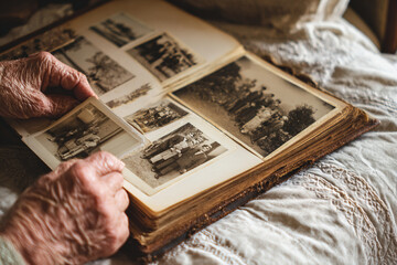Closeup of aged hands flipping through vintage family photo album on linen bedspread