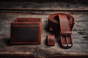 Close-up of handmade leather goods wallet, belt, and key pouch arranged asymmetrically on weathered wooden table, soft vignette lighting from above