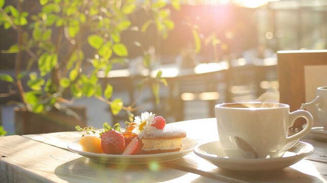 Under the gentle caress of sunlight, coffee and desserts come alive in a mesmerizing display. The warm rays dance upon latte art, glisten on glossy pastries, and infuse every sip and bite with a touch
