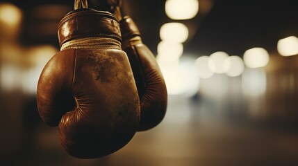 Worn Brown Leather Boxing Gloves Hanging in Dimly Lit Space