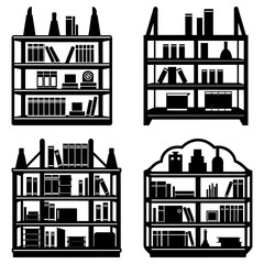 Collection of four different bookshelf designs filled with books and decorative items in black and white style