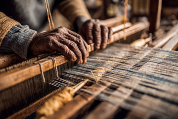 Close-up of hands working a traditional wooden loom with visible textile threads, shallow depth of field and ambient daylight