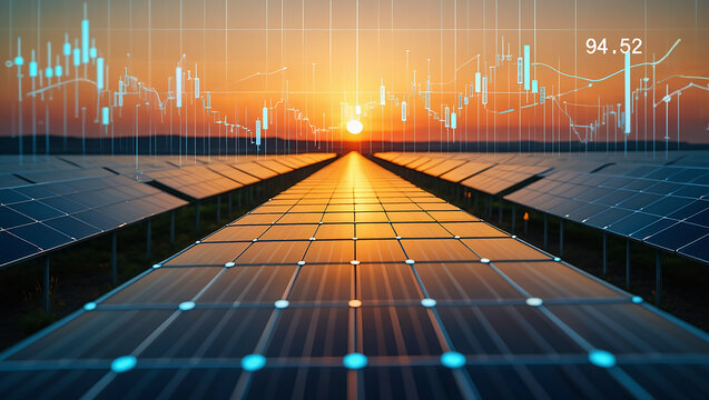 Solar energy farm with financial stock market data overlay at sunset