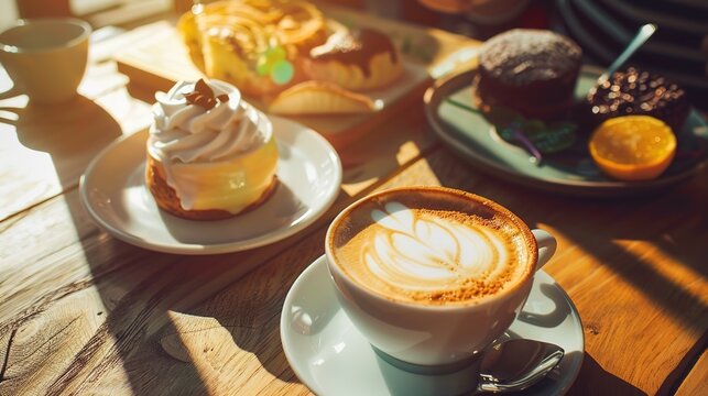 Under the gentle caress of sunlight, coffee and desserts come alive in a mesmerizing display. The warm rays dance upon latte art, glisten on glossy pastries, and infuse every sip and bite with a touch