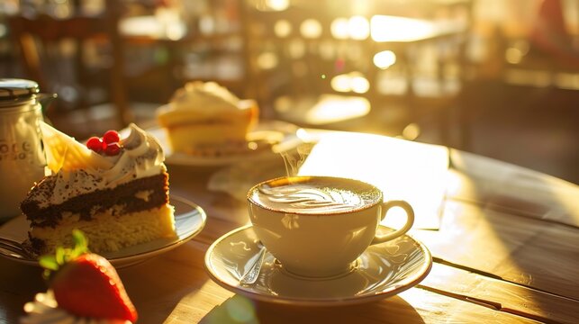 Under the gentle caress of sunlight, coffee and desserts come alive in a mesmerizing display. The warm rays dance upon latte art, glisten on glossy pastries, and infuse every sip and bite with a touch