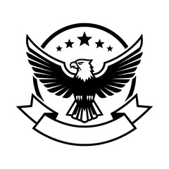Obraz premium A silhouette illustration of an eagle with wide-spread wings, adorned with stars in a circular background and a blank ribbon at the bottom.
