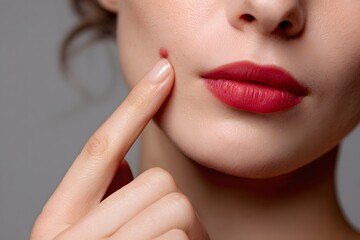 Obraz premium Female model touching a red acne spot on her cheek, full lips painted red, cropped face image with neutral tone, best for cosmetic, medical skin care, or hygiene product promotions.