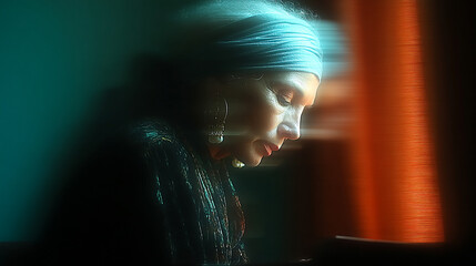 A contemplative senior woman in a teal headwrap is illuminated by a warm, artistic light.