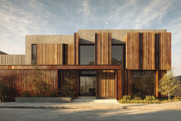 Contemporary house with a layered facade of vertical wooden screens and steel accents, morning light casting shadows