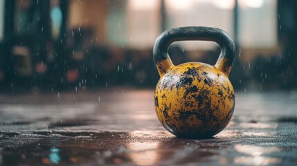 Yellow Kettlebell in Motion Blurred Rain