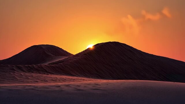 A serene landscape with gently rolling sand dunes under a vibrant sunset sky.
