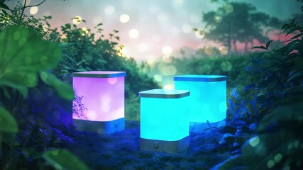 Pausing soft white glow, three portable cube lanterns shifting through pink cyan blue on moss - Powered by Adobe