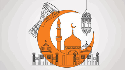 muharram celebration icons including crescent moon with arabic calligraphy, mosque silhouettes, ashura labels and festive lanterns