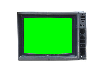 Old TV with green screen for adding images to the screen. Isolated on white background.