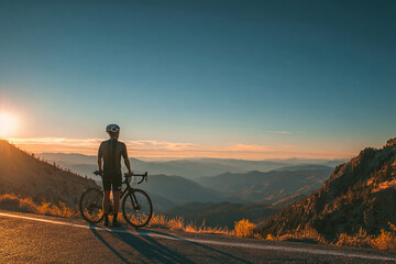 Fototapeta premium Cyclist standing beside a road bike overlooking vast mountainscape, helmet in hand, shadows long from early morning light